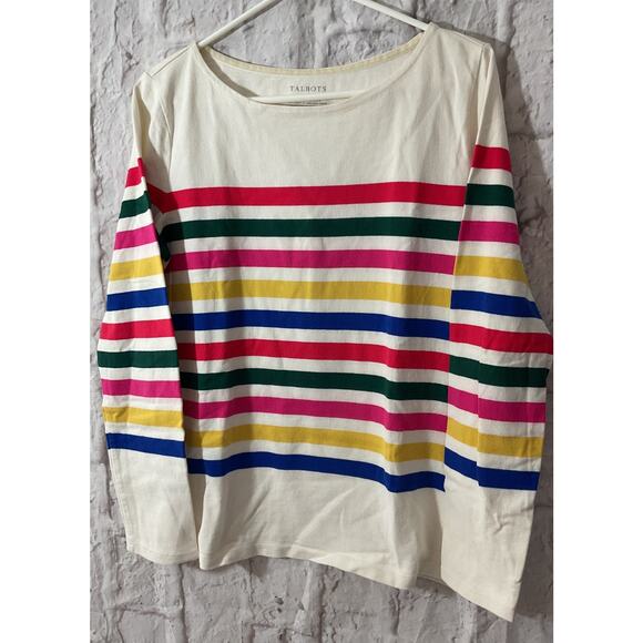 New Talbots Shirt Womens Med Cream Purple Gold Pink Striped Jersey Knit LS Top - Picture 6 of 6